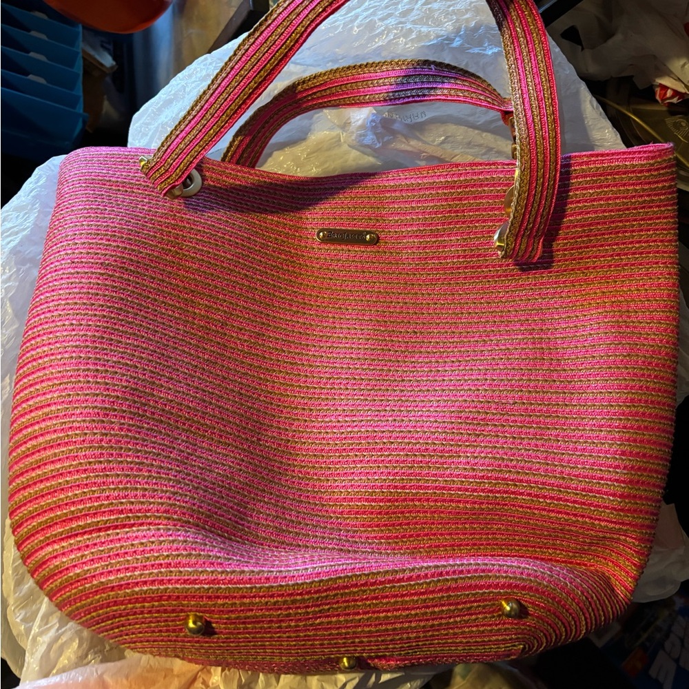 Eric Javits Pink and Gold Striped Tote Bag